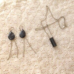 Vintage NEW Bauxo Black & Silver Printed Bead Silver Tone Necklace & Earrings